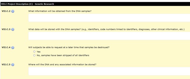 Screenshot of HawkIRB section VII.C Project Description Genetic Research questions VII.C.2 to VII.C.5
