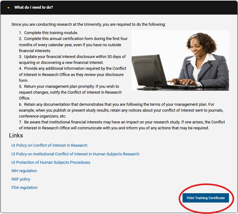Screenshot of end of COI training