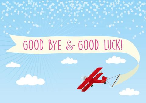 Plane flying between the phrases "Goodbye" and "Good Luck"