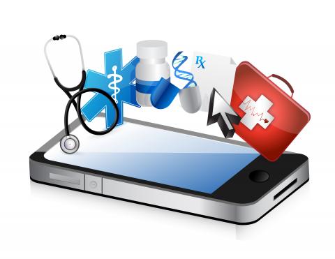 Smartphone with medical symbols, stethoscope, cadueus, capsule