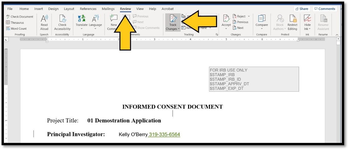 Image of a Word document with arrows pointing to the Review tab and the Track Changes button on the ribbon.