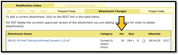 Image of the Attachment Changes tab on the Modification Index with an arrow pointing to the version number column.